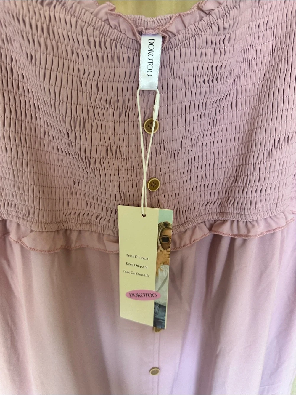 Smocked Pink Maxi Slip Dress with Button Front - Picture 3 of 6